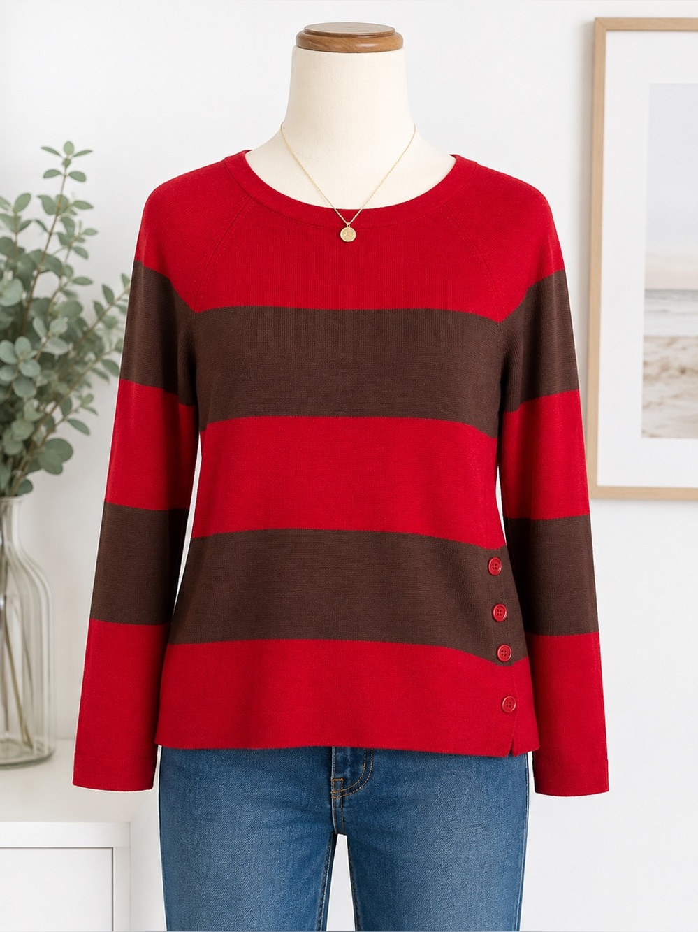 Talbots Petites Colorblock Striped Sweater | Red & Brown | Size SP